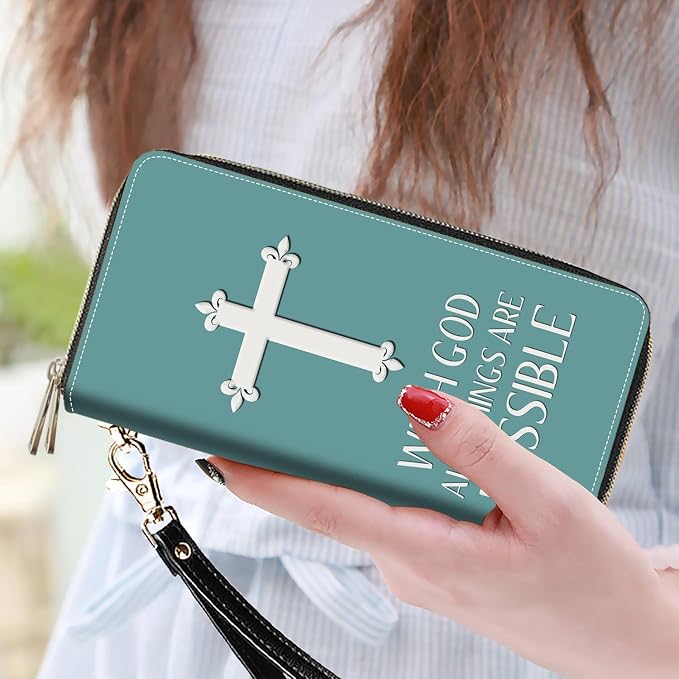 Women's Large Capacity Wallet PU Leather Double Zipper Clutch Purse Multifunctional Wallet with Removable Wristlet Strap for Phone/Coin/Card/Cash, Christian Cross with God All Things are Possible