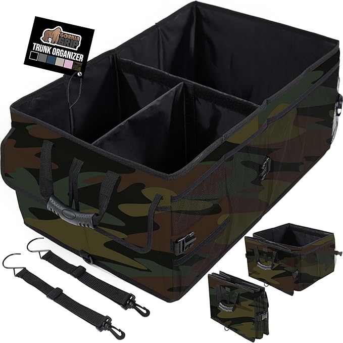 GORILLA GRIP Large Capacity Sturdy Trunk Storage Organizer, Slip and Water Resistant Collapsible Organization Container for Car Sedan or SUV, Multi Compartment Box Vehicle Accessories, Camo