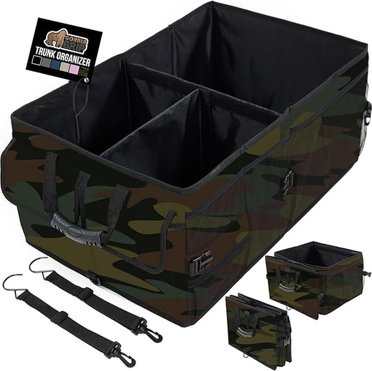 GORILLA GRIP Large Capacity Sturdy Trunk Storage Organizer, Slip and Water Resistant Collapsible Organization Container for Car Sedan or SUV, Multi Compartment Box Vehicle Accessories, Camo