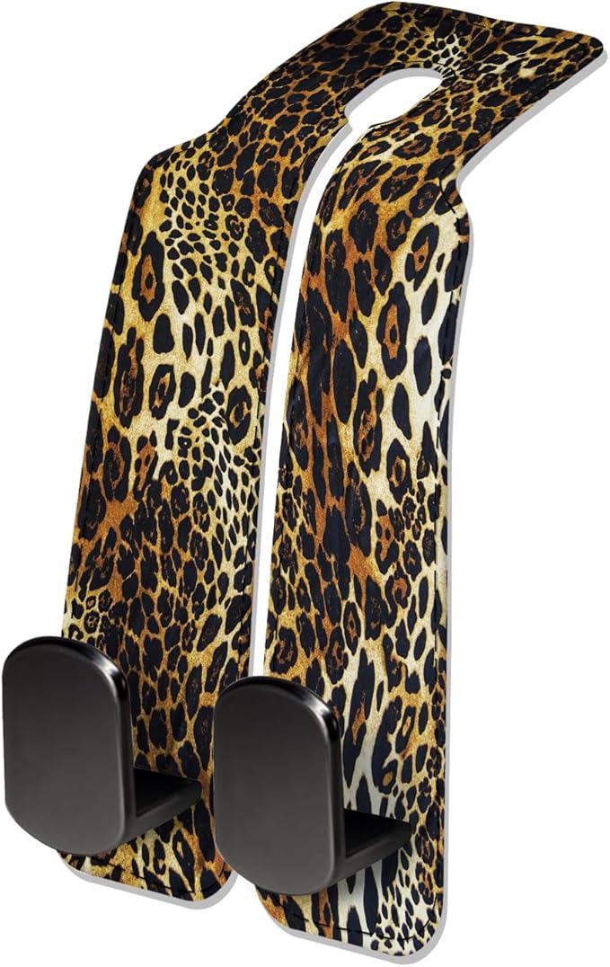Car Seat Headrest Hook, Universal Leather Cute Hanger Holder Hook, Storage Organizer Interior Accessories for Purse Bags Handbag Luxury Leopard