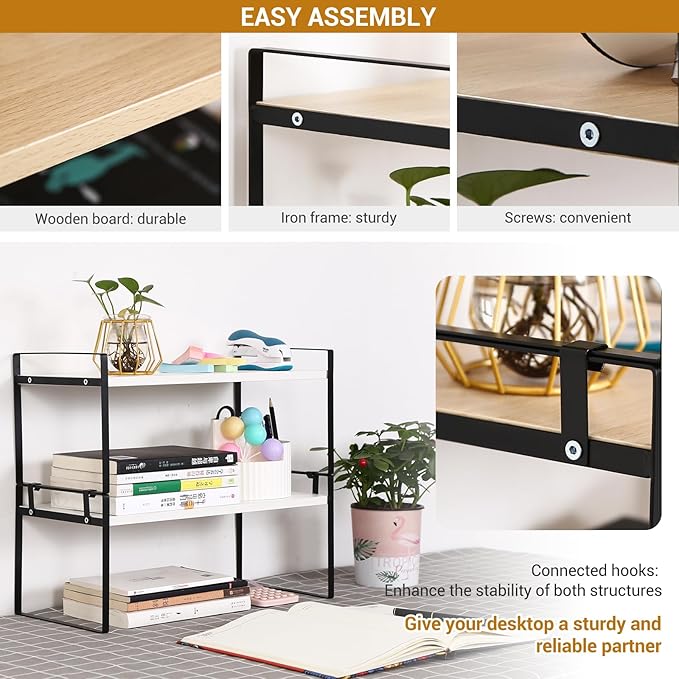 Desk Shelf Organizer for Top of Desk, Detachable 2 Tier Desktop Bookshelf, Wooden Desk Shelves Storage Rack, Small Desktop Shelf for Office Home Dorm, Tabletop Desk Organizer Stand (White+Black)