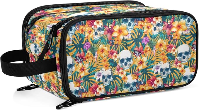 MNSRUU Large Capacity Makeup Bag, Skulls Hibiscus Flowers Portable Toiletries Organizer for Women, Travel Size Cosmetic Bag