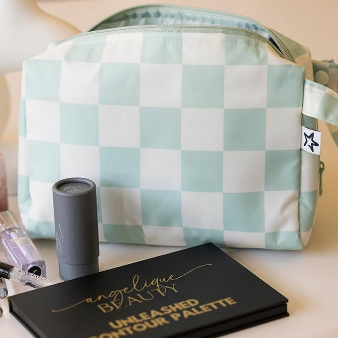 Tiny Twinkle Waterproof Travel Toiletry & Makeup Bag Organizer | Makeup Pouch with Multiple Compartments & Snap Handle for Travel | Gift for Teen Girls and Women（Sage Checkers