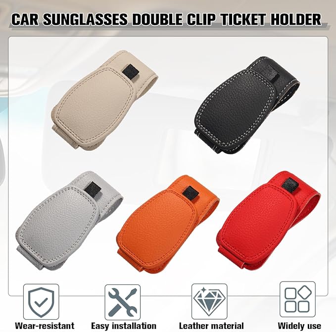 Sunglass Holder for Car Visor, Magnetic Leather Vehicle Sun Visor Storage Clip for Different Size Eyeglasses, Automotive Interior Glasses Ticket Card Clip, Universal for SUV RV Truck (Black)