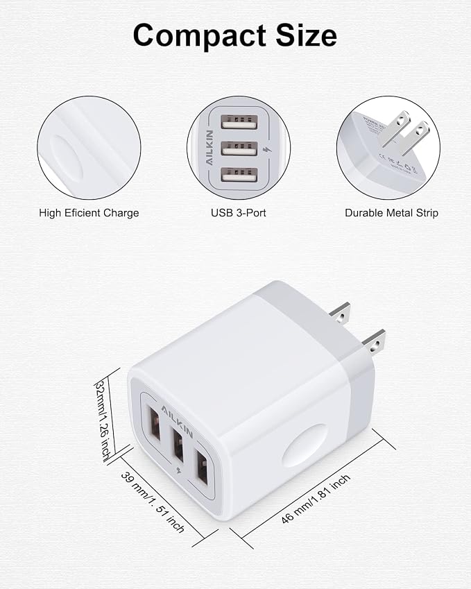 USB Charger Cube Wall Charger Plug AILKIN 3.1A 3 Muti Port USB Adapter Plug | USB Charging Station Box Base for iPhone 17 16 15 14 13 12 Pro Max Mini SE 11 Pro Max Samsung Phones Charging Block