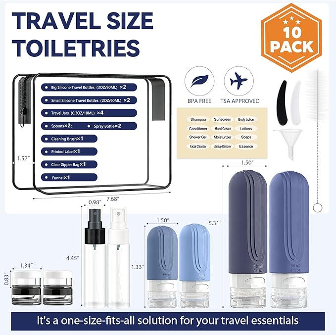 Travel Bottles for Toiletries 10 Pack, TSA Approved Travel Size Toiletries Essentials Containers Set, Leak Proof Silicone Bottles Kit, Refillable Liquid & Creams Accessories (BLUE)