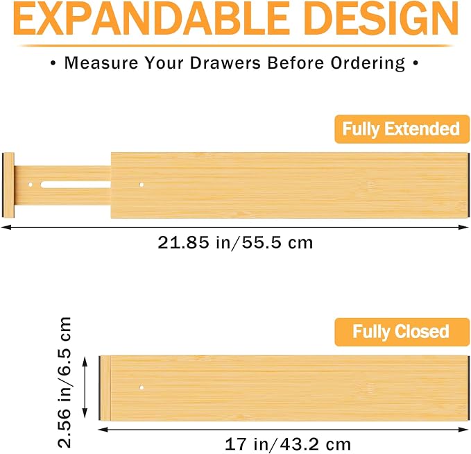 BAMBUROBA Bamboo Drawer Dividers, Adjustable Expandable Drawer Organization Separators - 17-22" for Bedroom, Bathroom, Dresser and Office - 8-Pack