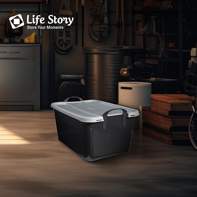 Life Story 6 Pack Heavy Duty Stackable Storage Bin, 55 Quart Home Organizer, Versatile Lightweight Locking Bins with Carrying Handles, Black/Gray