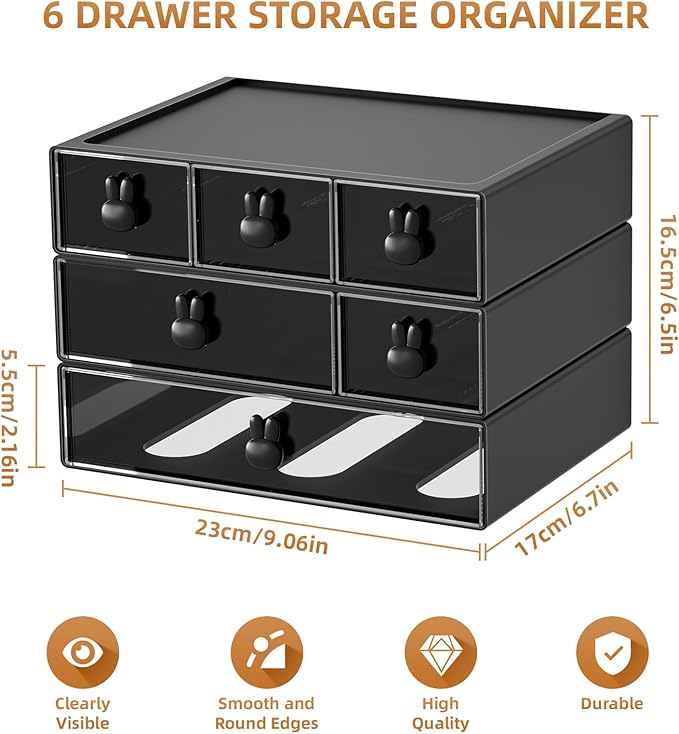Marbrasse Desk Organizer with 6 Drawers, 3 Tier Stackable Storage Drawers Plastic Makeup Storage, Office Organizers and Storage, Desk Storage Box for Office, School, Home Black