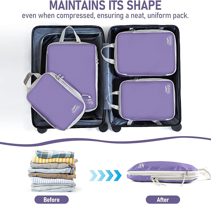 6 Set Compression Packing Cubes, Suitcase Organizer, Lightweight Travel Essentials, Compression Bags For Travel Accessories Luggage Storage Set (6Pcs, Purple)