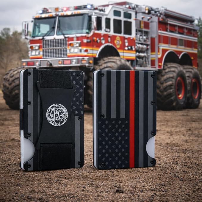 Black & Gray American Flag Engraved, Minimalist Wallet, RFID Blocking Aluminum Slim Wallet (Red Strap with 3 V. Band)