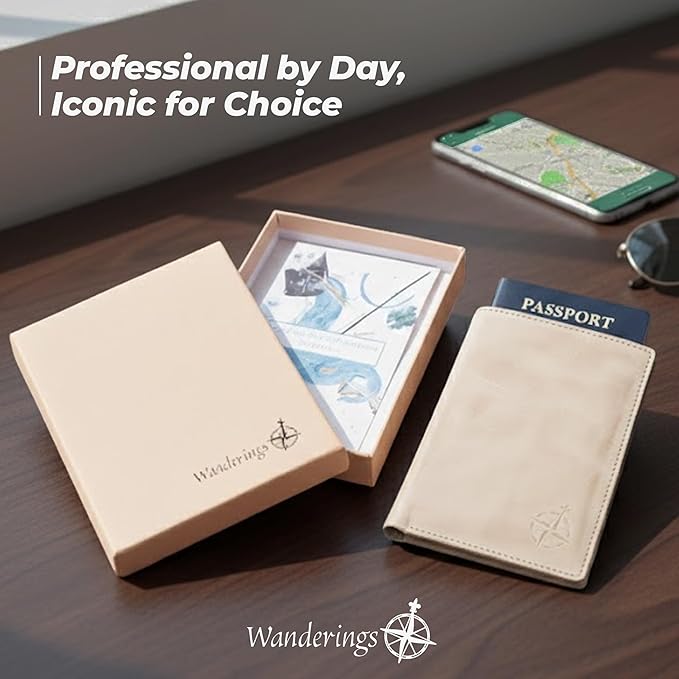 WANDERINGS Leather Passport Holder for Travel – RFID Blocking Passport Wallet & Cover for Men and Women – Slim Travel Wallet Case with Card Slots – Genuine Full Grain Leather – 5.5" x 4" - Oat Color
