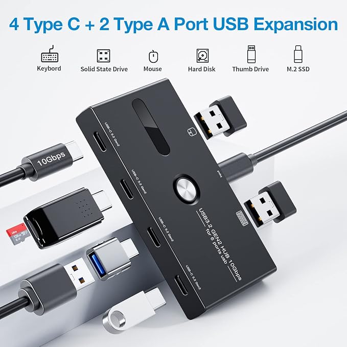 10Gbps USB C Hub, 6 Ports Type C Splitter, USB Type C to USB C/A Adapter for PC, Laptop, MacBook Pro/Air, iMac, Surface Pro, Chromebook, Etc(HUB ONLY, Not Support Charging/Monitor)