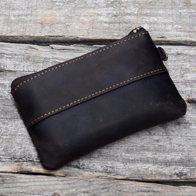 JJNUSA Genuine Leather Zipper Coin Purse for Men, Credit Card Case Holder, Mens Tray Purses Coin Purse Cash Change Wallet Car Smart Holder Money Pouch Darkbrown