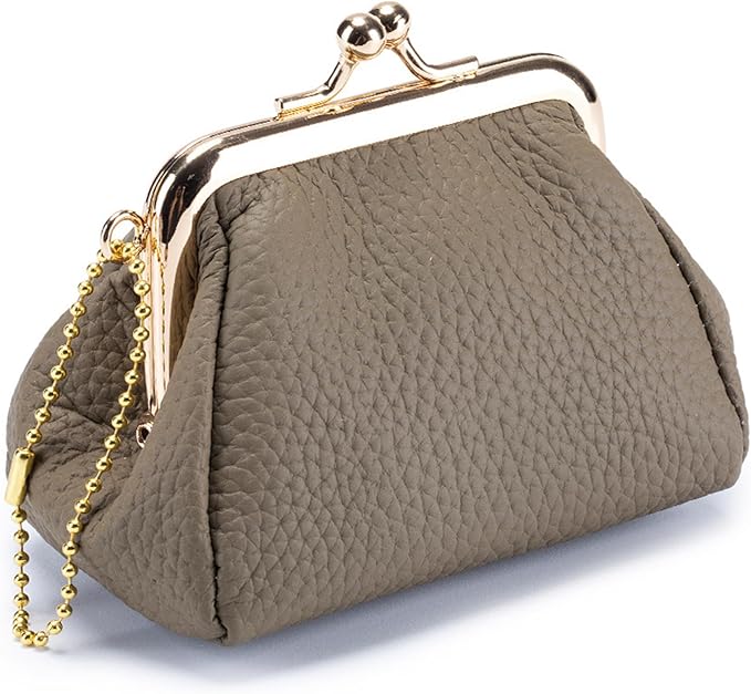 Genuine Leather Coin Purse for Women, Cute Mini Lipstick Holder Case, Small Vintage Kiss Lock Jewelry Storage Organizer Change Bag Pouch (Dark Khaki)