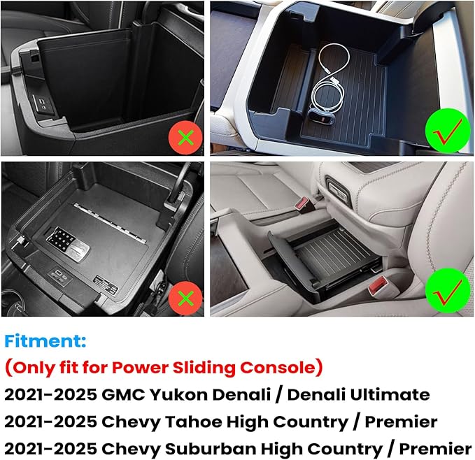Center Console Organizer Tray Compatible with 2021 2022 2023 2024 2025 2026 GMC YuKon Denali, Chevy Suburban/Tahoe Armrest Storage Box Interior Accessories (Fit for Power-Sliding Console ONLY)