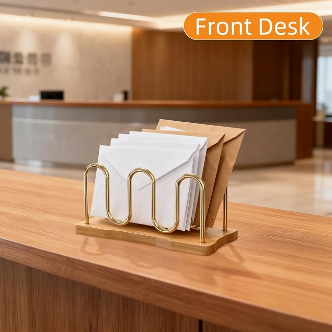 Mail Holder Organizer Countertop, Metal Mail Sorter for Desk, Cutout Mail Storage Bills Organizer Letter Tray Design with Bamboo Base for Home Office (Bamboo)