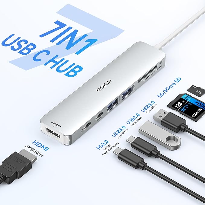 MOKiN 7 in 1 USB C Dongle with HDMI, microSD/SD Card Reader, Data Port, 100W PD, 2 USB 3.0 for MacBook Pro/Air, Dell XPS, Lenovo Thinkpad