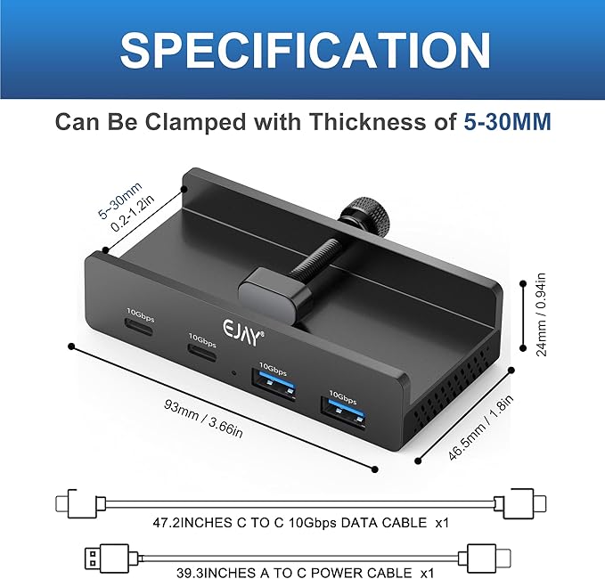 EJAY 4Ports 10Gbps USB-C HUB USB3.2 Clamp USB HUB Splitter,Mountable USB-C Adapter with Data & Power Cable for iMac 2021 and later-10Gbps (Black)