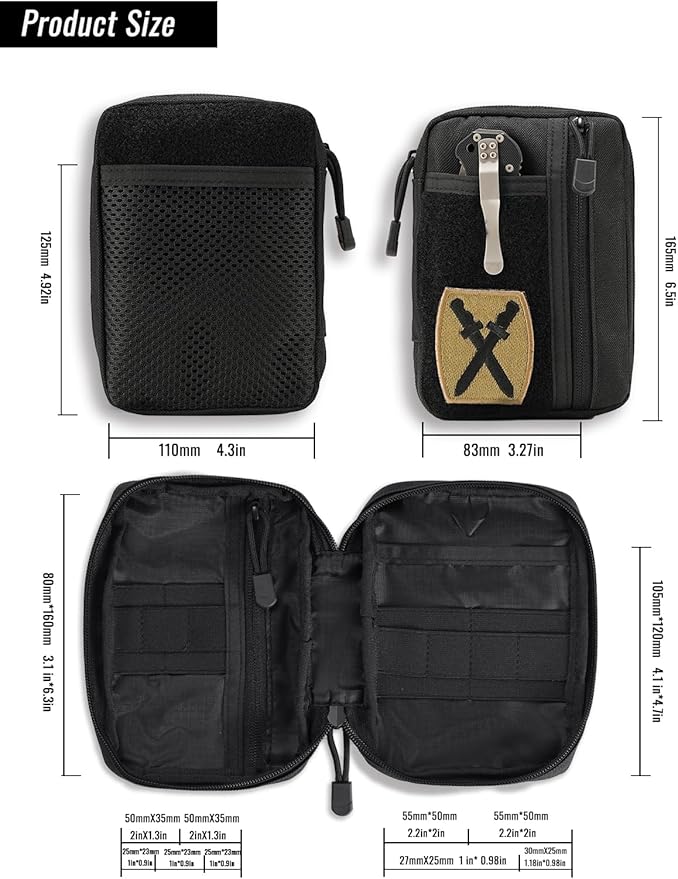 Sayram SP5 EDC Pouch, Pocket Organizer, Small Pocket Organizer with Patches Area, EDC Pouch Organizer with 6 Pockets for EDC Gears, Zippered Multitools Organizer Utility Pouch Tool Bag, Black