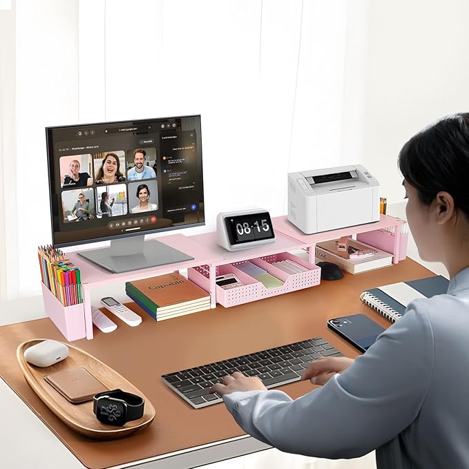 OPNICE Desk Organizers and Accessories, Dual Monitor Stand Riser with Drawer and 2 Pen Holders, Desk Shelf Wood Computer Racks for Office Workspace Organizers, Desktop Organization (Pink Wood)