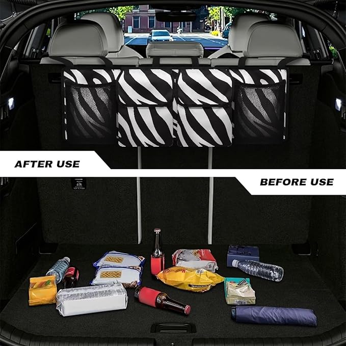 Zebra Print Car Trunk Organizer Hanging Car Backseat Storage Bag Waterproof Collapsible Cargo Bag with 4 Pouches Trunk Storage and Decorative Accessories