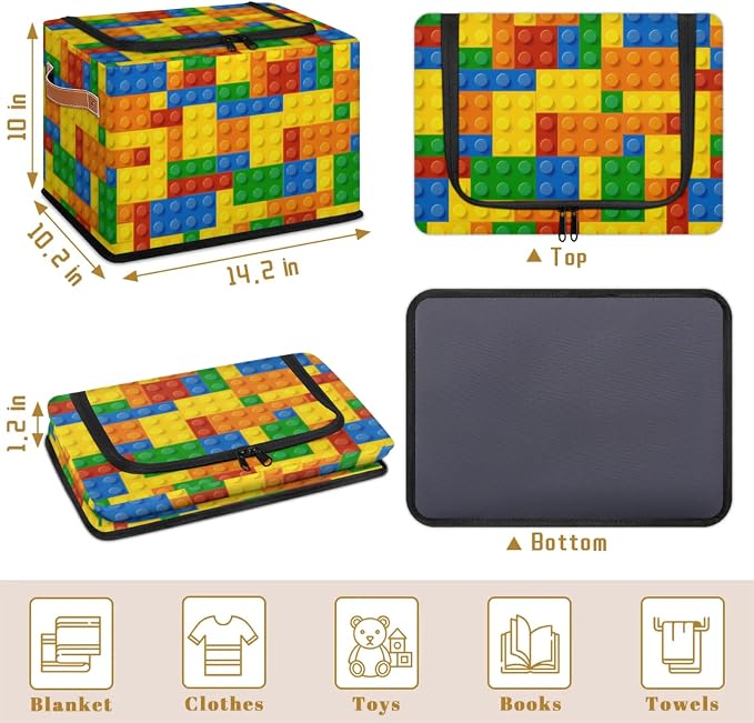 Storage Bins With Zipper Lid, Collapsible Trunk Organizer, Car Organizers and Storage Bins with Lids, Decorative Storage Boxes with Handle, Home Storage Baskets (Colorful Building Blocks)