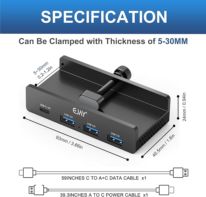EJAY Mountable 4Ports USB3.0 HUB Alu Desktop Clamp Type C USB3.0 Splitter for Desk/Monitors with Extra Power Supply Port,59inches Data & 39inches Power Cables-5Gbps, Black