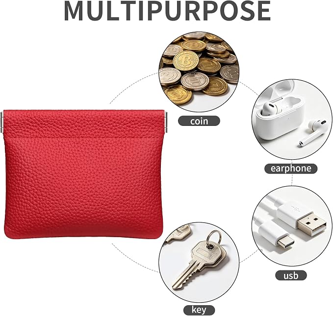 Genuine Leather Squeeze Coin Purse Pouch Change Holder For Men & Women Mini Change Purse Pouch for Pocket, Small Pouch Credit Card Key Headset Lipstick Holder (Red)