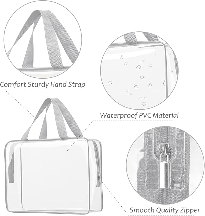 3pcs Clear Cosmetic Bags, TSA Approved Toiletry Bag Set Crystal Clear Travel Beach Essentials Bag Organization PVC, Clear Makeup Bags Luggage Pouch Carry on Airport Airline Compliant Bag Women Men