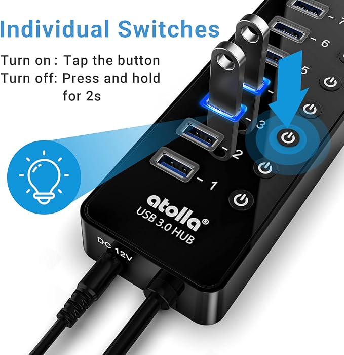 Power USB Hub 3.0, atolla 16 Port USB Splitter with 12V/6A Power Adapter and Individual Switches, High-Speed Data Transfer for Laptop, PC, Mac, and More Devices