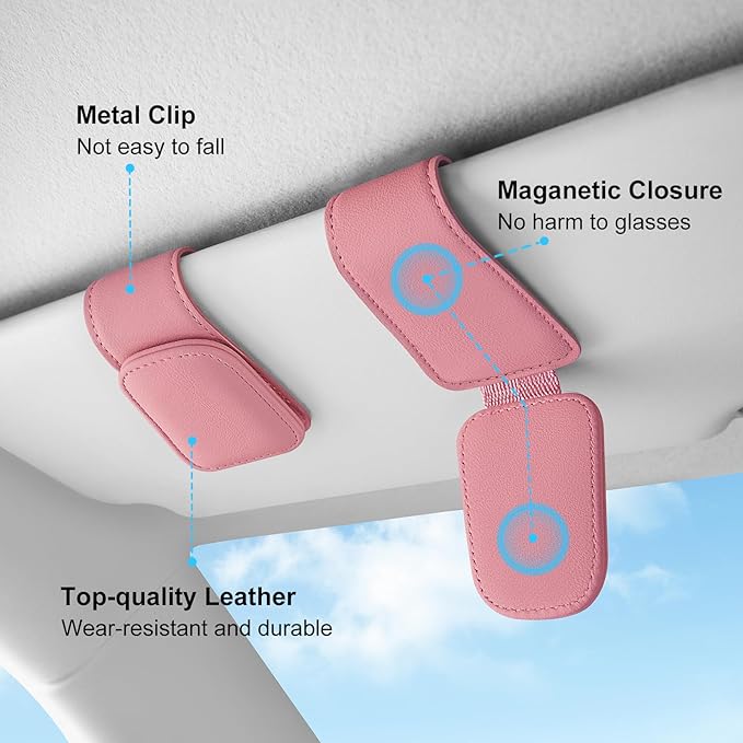 TCJJ Sunglasses Holders for Car Visor,Car Magnetic Glasses Holder Leather Sunglasses Clip and Ticket Card Clip Suitable for Car Interior Visor and Different Size Eyeglasses(Pink)
