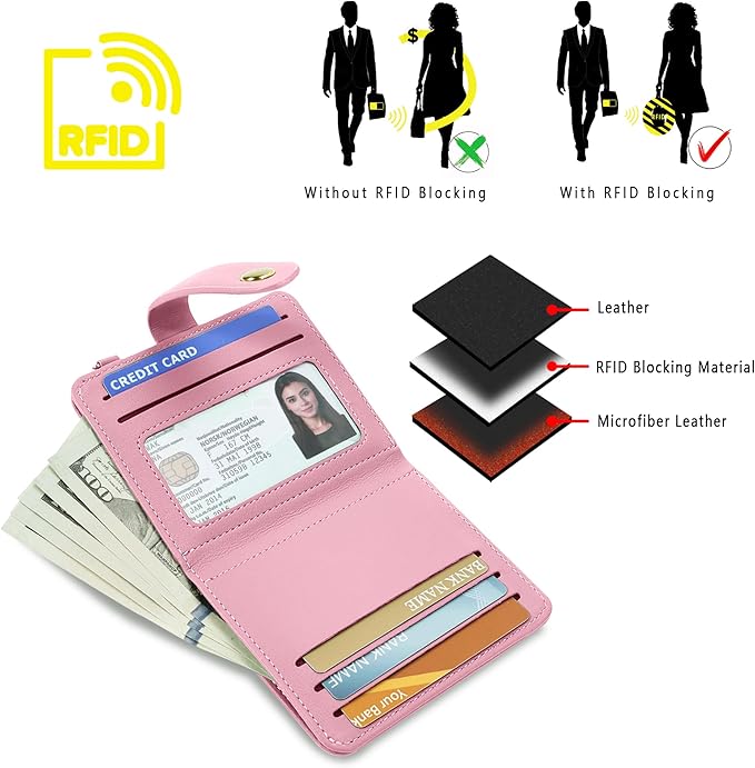 Airkit Small Wallets Woman RFID Blocking Leather Credit Card Holder - with ID Window - Card Wallets for Women - with Zipper Coin Purse - Keychain Wallet