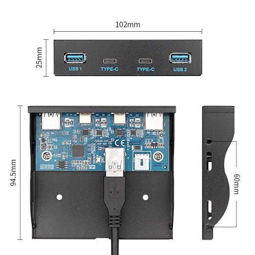 Chenyang USB-C & USB 3.0 HUB 4 Ports Front Panel to Motherboard 20Pin Connector Cable for 3.5" Floppy Bay