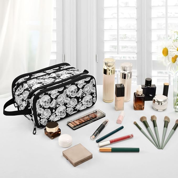 MNSRUU Travel Makeup Bag, Goth Skull Makeup Bag - Large Capacity Cosmetic Bag Organizer, Portable Toiletry Bag for Travel Size