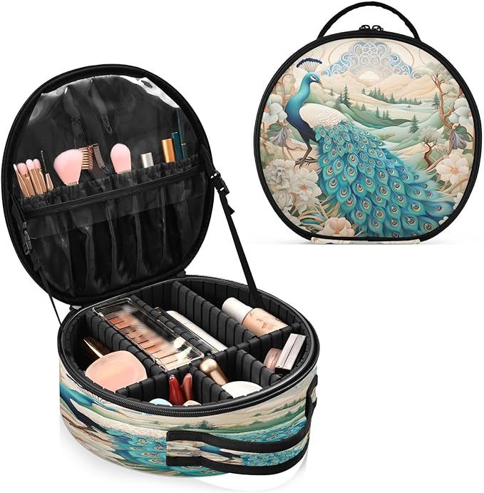 senya Round Cosmetic Pouch Travel Makeup Train Case Vintage Peacock Makeup Organizer Bag with Adjustable Dividers Portable for Cosmetics Makeup Brushes Toiletry Jewelry Accessories