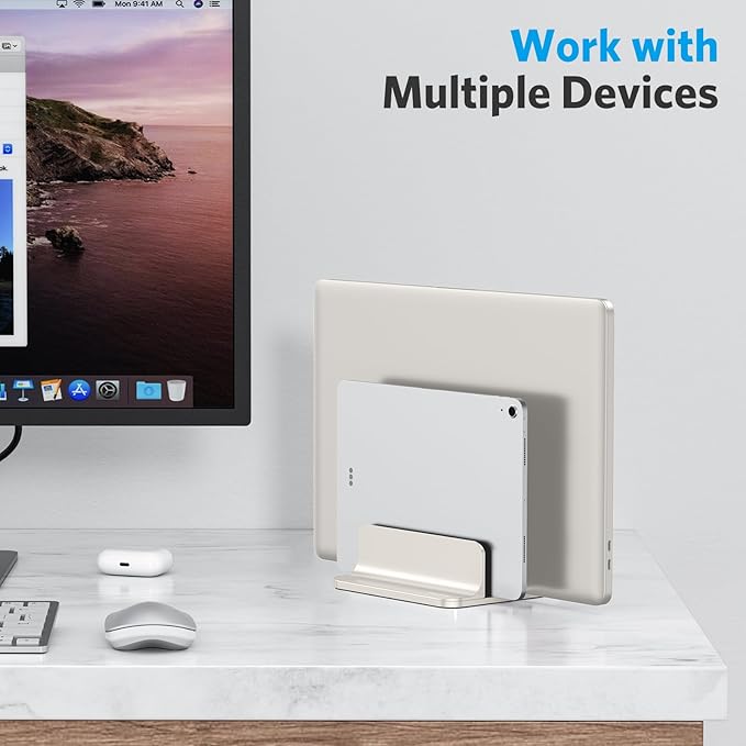 OMOTON Vertical Laptop Stand [Updated Double Version], Desktop Aluminum Mac Book Stand with Adjustable Dock Size, Fits All Mac Book, Surface, Chrome Book and Gaming Laptops (Up to 17.3") (Starlight)
