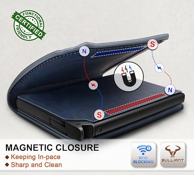BULLIANT Men Wallet Leather Wallet Card Holders Money Clip for Men 10Cards-Magnetic Flip on Metal Case