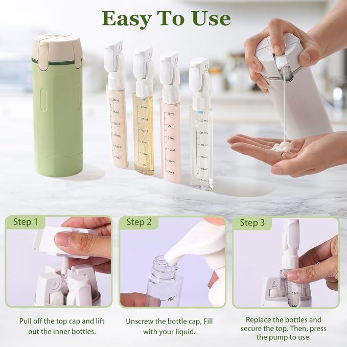 4 in 1 Travel Dispenser, 4 Pack 30ML Leak Proof Travel Size Bottles with Stickers, Brush & Storage Bag, Refillable TSA Approved Travel Toiletry Container Set for Shampoo, Lotion, Conditioner (White)
