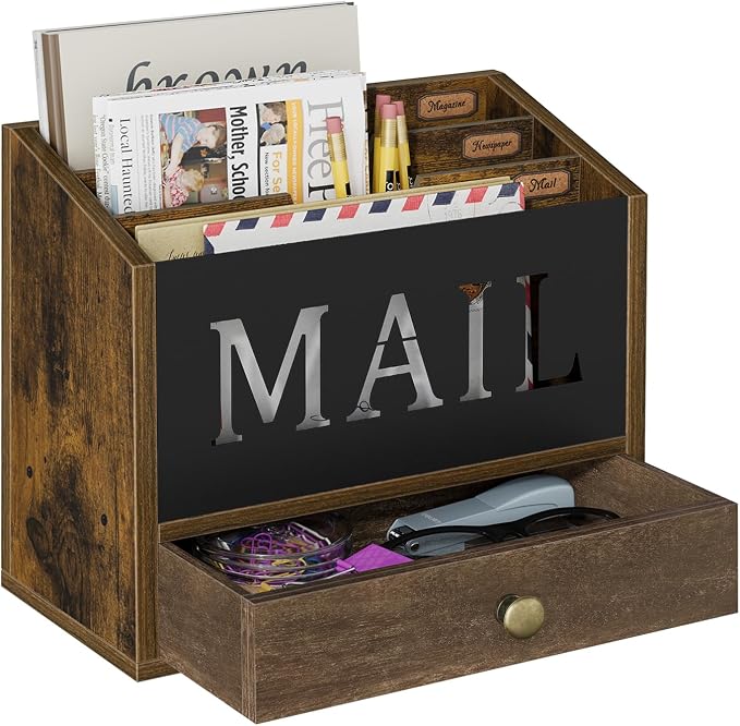 YINMIT Mail Organizer Countertop with 3 Compartments and Drawer, Mail Holder for Desk, Mail Sorter, Mail Organizer Wall Mounted, Countertop Desk Office Accessories Organizer for File Paper Folder