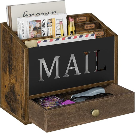 YINMIT Mail Organizer Countertop with 3 Compartments and Drawer, Mail Holder for Desk, Mail Sorter, Mail Organizer Wall Mounted, Countertop Desk Office Accessories Organizer for File Paper Folder