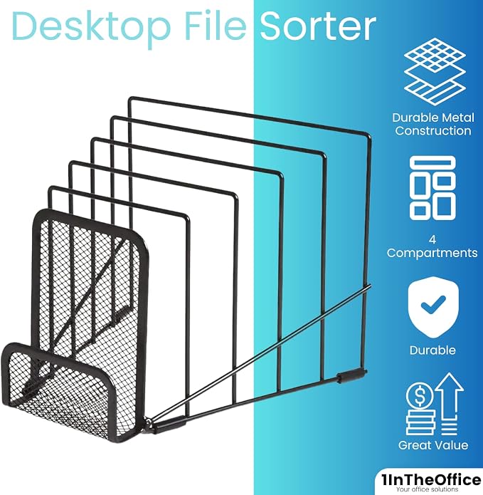 1InTheOffice Metal Incline Desktop File Sorter, Black Wire Mesh Step Sorter, 6 Compartments
