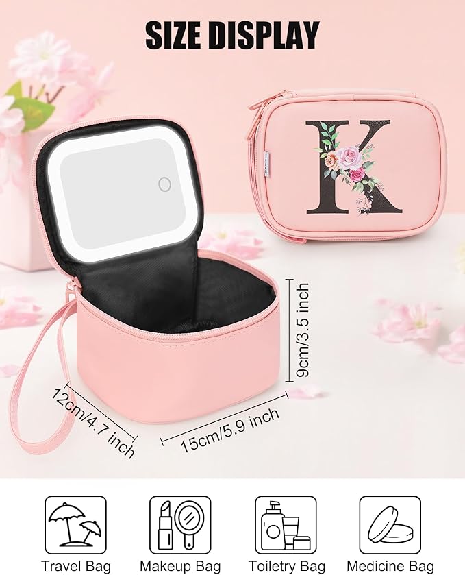 Relavel Mini Makeup Bag with Led Mirror for Mothers Day Gifts, Initial Cosmetic Bag with 3 Lighting Modes, Personalized Travel Bag, Preppy Make Up Pouch for Trip - Pink K