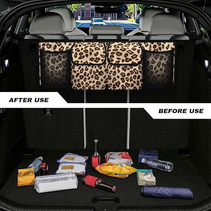Brown Leopard Car Trunk Organizer Vehicle Seatback Hanging Storage Container with Pockets Sapce-saving Car Interior Accessories