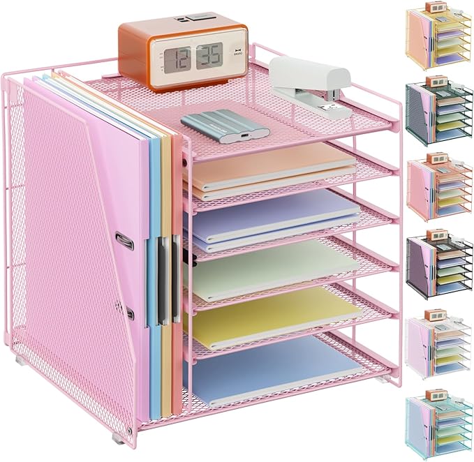 gianotter 6-Tier Paper Organizer With Magazine Holder, Desk Organizers and Accessories, Desk Accessories & Workspace Organizers, File Organizer for Office Supplies Storag (Pink, 6-Tier)