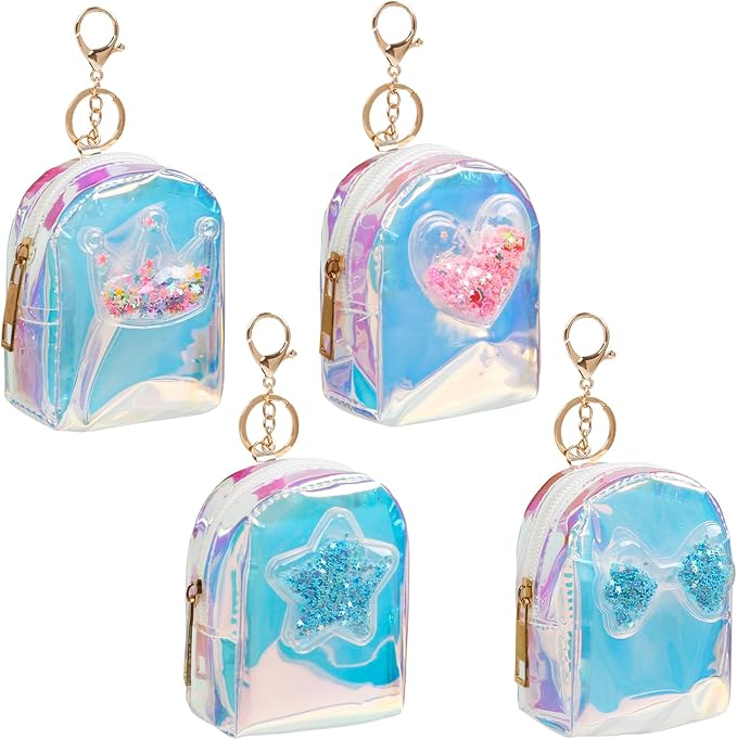 AIBFRID 4Pcs Mini Backpack Keychain,Cute Cosmetic Bag for Women,TPU Clear Makeup Bag Key Pocket Lipstick Bag Card Holder Data Cable Organizer Zipper Pouch (Heart Crown Bow Star)