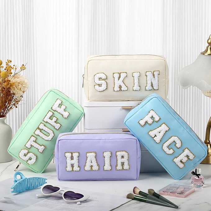 Cunno 4 Pcs Preppy Makeup Bags Chenille Letter Stuff Bag Nylon Cosmetic Pouch Cases with Zipper for Women Travel Toiletry