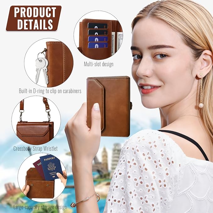 ASAPDOS RFID Blocking Family Passport Holder Wallet,Hold 2-3 Passports for Travel with Credit Card Slots & Wrist Crossbody Strap Brown