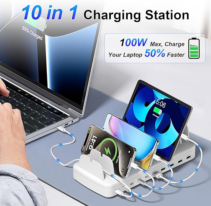 510W Fast Charging Station for Multiple Devices, 10 Port USB C Charger Station with Flame-Retardant Material & 8 Cables for iPhone, Android, iPad, Tablets, Family Office Desk Charging Dock Organizer