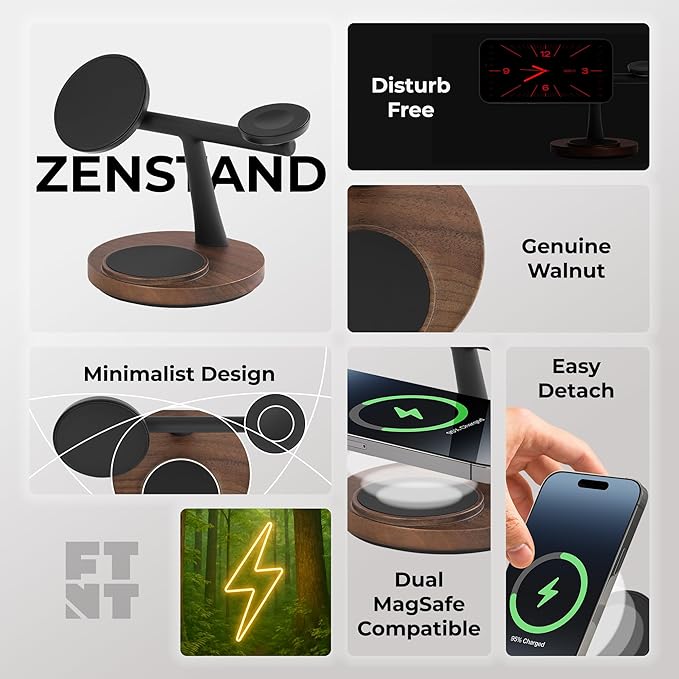 ZenStand Magnetic Wireless Charger, Compatible with iPhone & Apple Watch, Compatible with MagSafe, Walnut Wood Design, 15W Max, Soft-Touch, Wireless Charging Station (Bundle with 30W Adapter & Cable)
